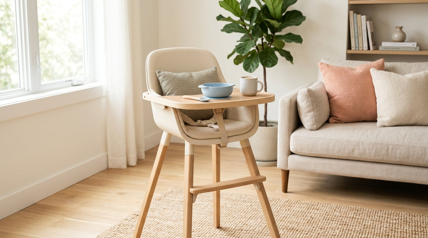 A wooden baby high chair pulled up to a family dining table