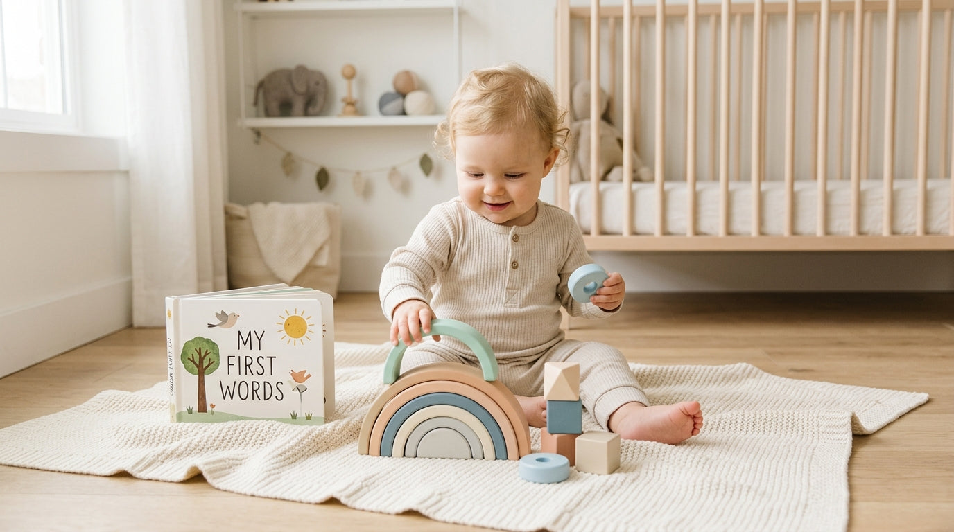 Baby reaching for a simple wooden toy on a playmat