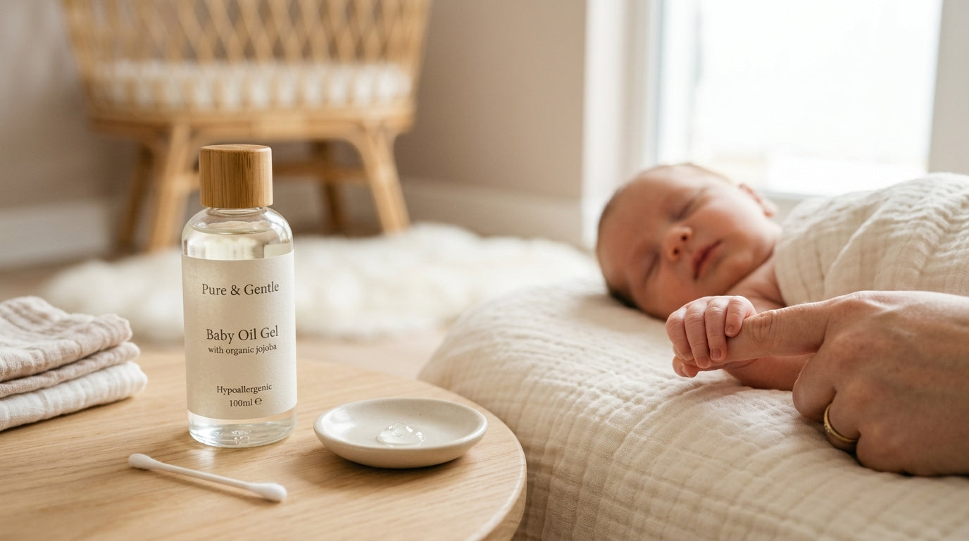 A tired mom applying baby oil gel to her squirmy infant after bath time.