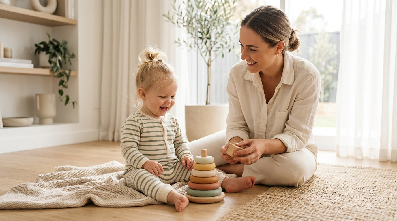 A toddler sitting on the floor surrounded by wooden toys and clothes