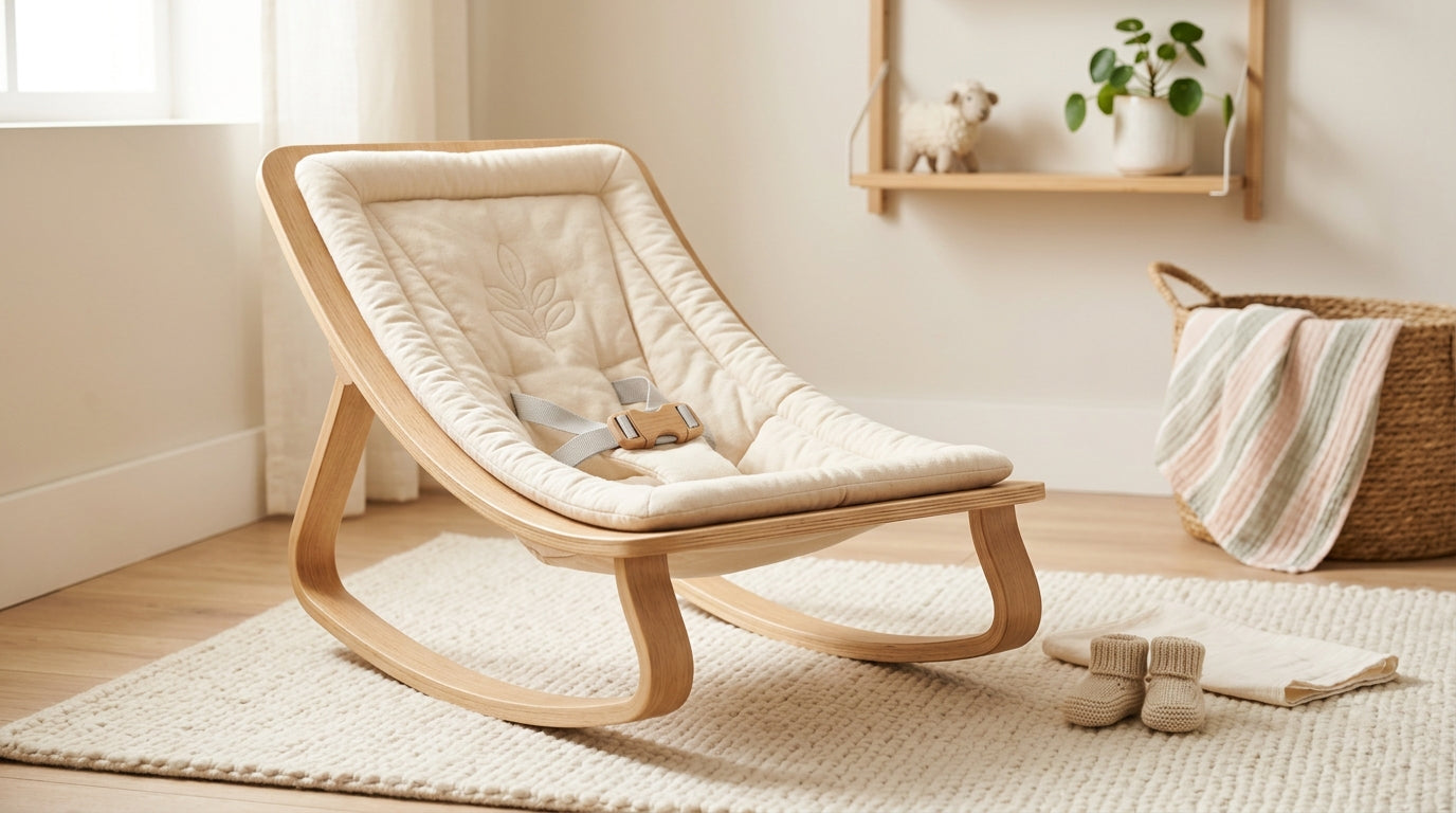Exhausted mom looking at a baby rocker chair in a messy living room