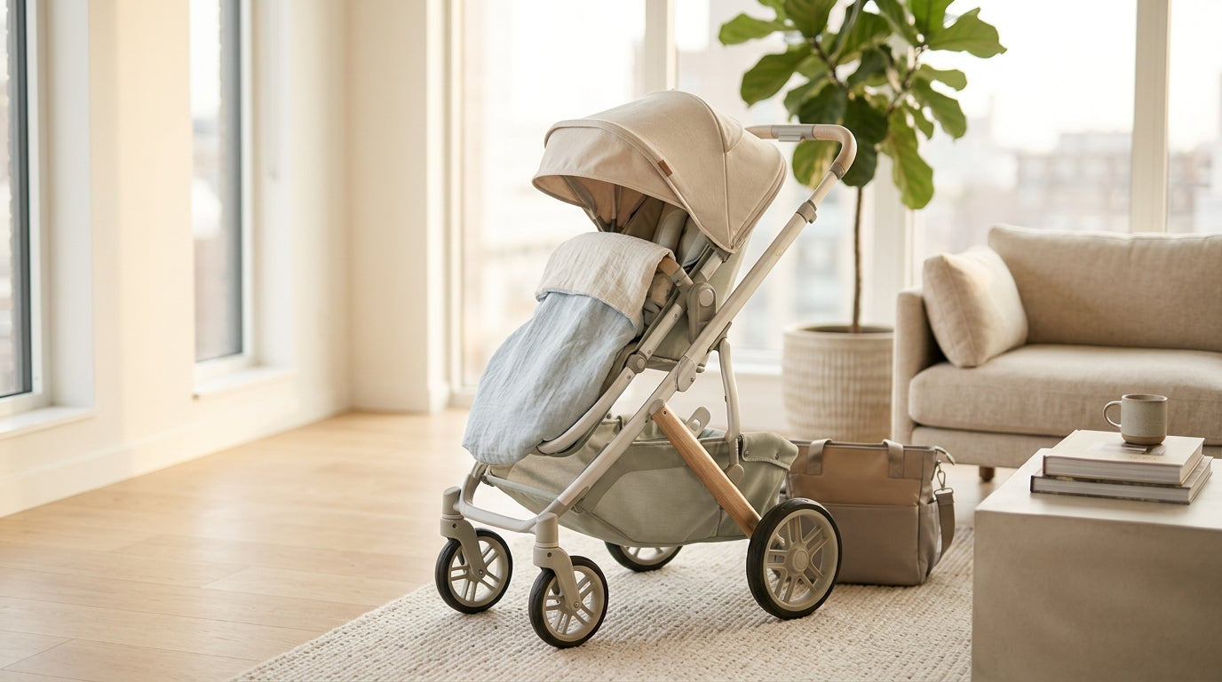 Priya pushing a stroller with a toddler wrapped in a Kianao blanket