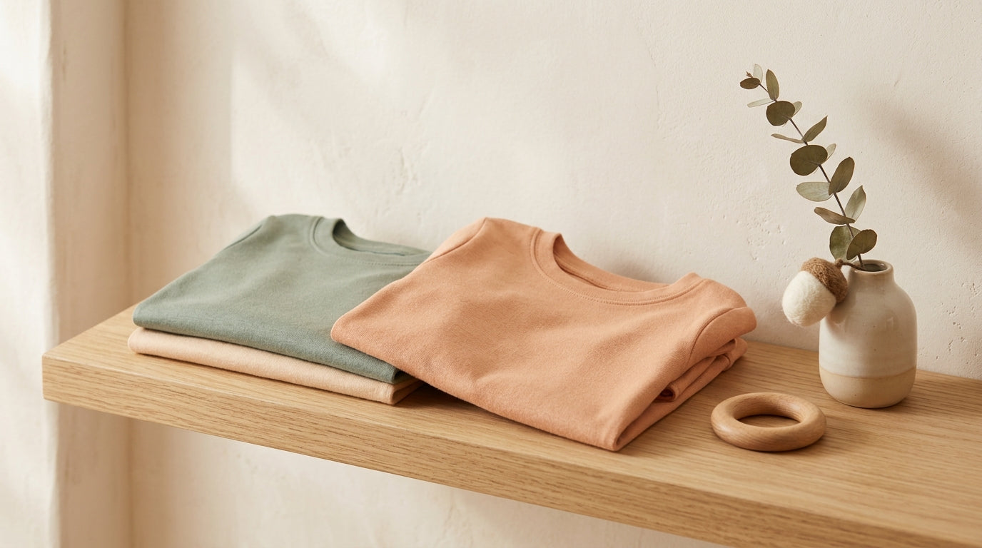 Stretchy organic cotton baby t-shirt with envelope folds being pulled over a baby