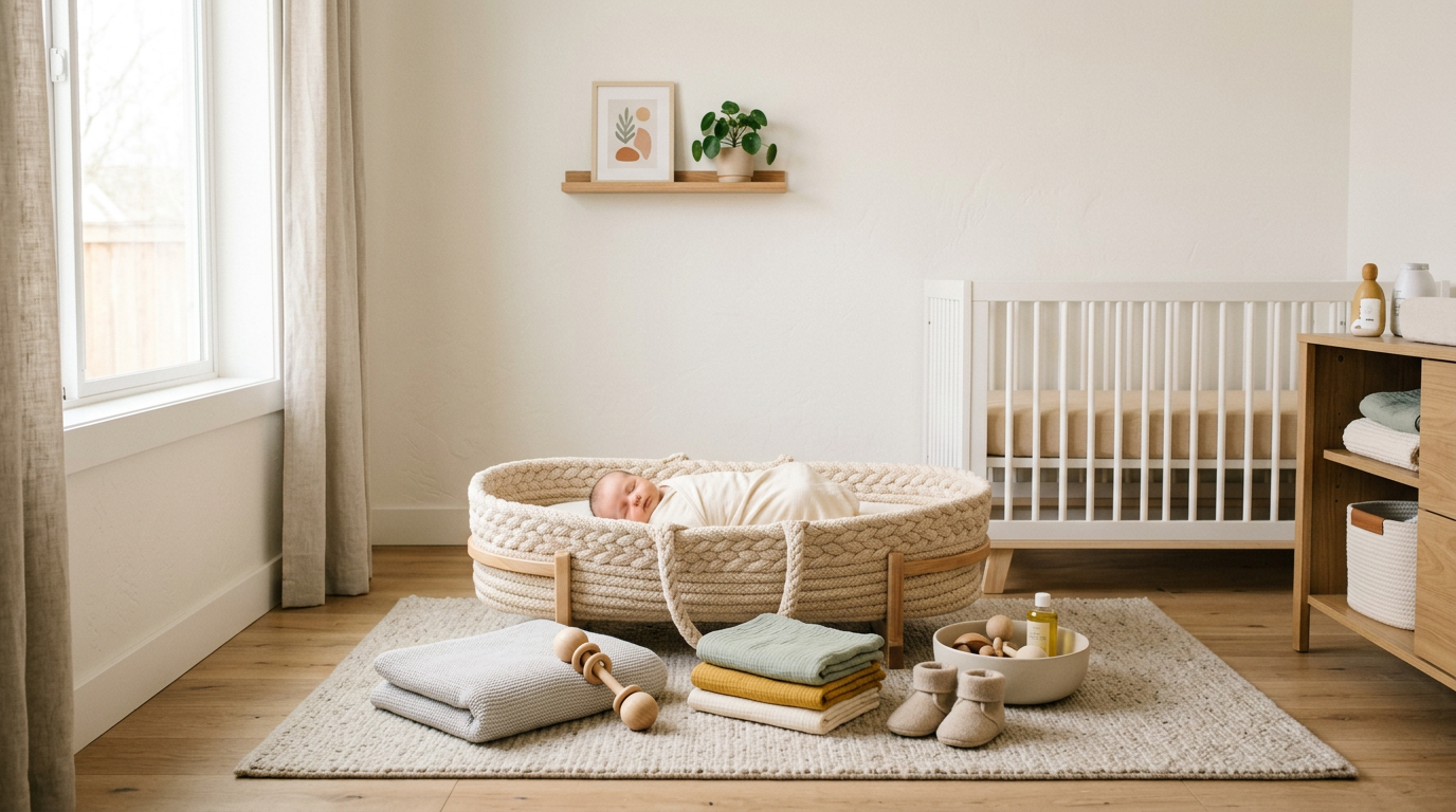 A messy but highly functional baby room with a wooden crib and changing dresser