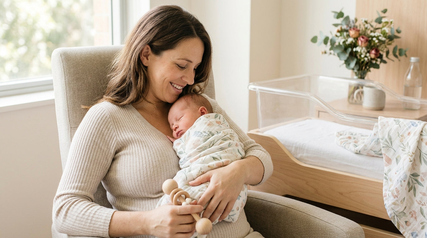 Exhausted mom holding newborn on hospital bed during a professional baby photo session