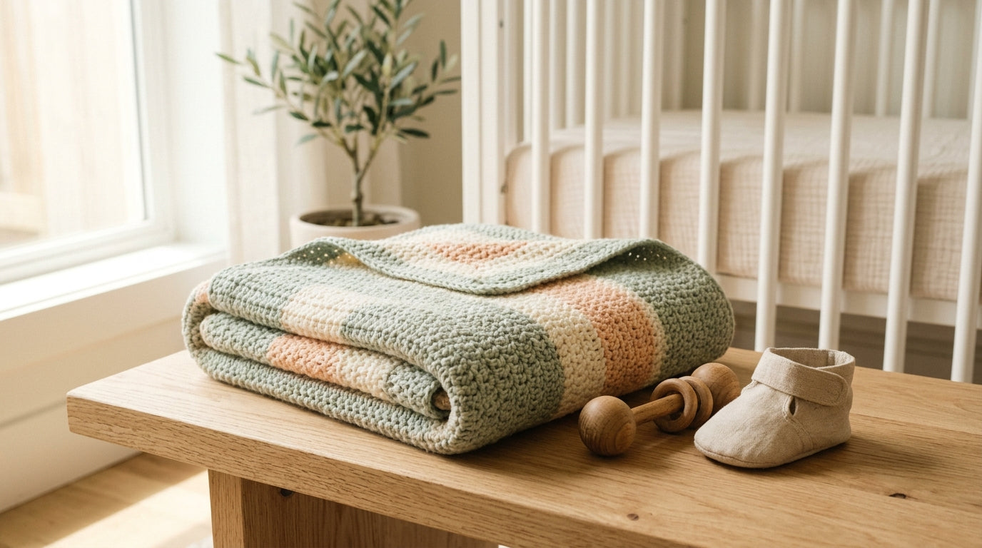 A messy pile of organic cotton yarn next to a half-finished crochet baby project.
