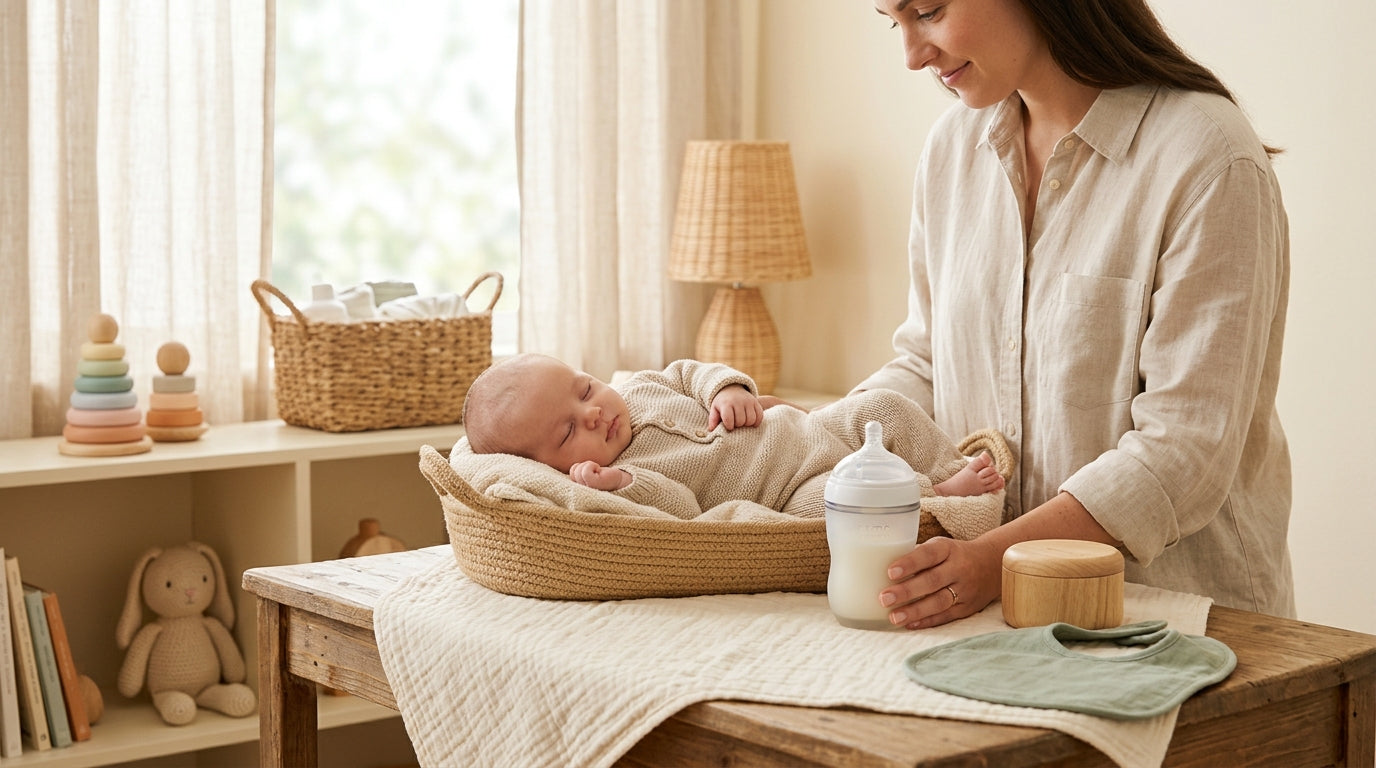 A tired mom holding a baby bottle of infant formula next to a half-empty coffee mug