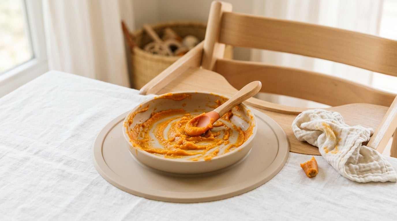 Sarah's kitchen counter covered in orange sweet potato splatters and a spoon.
