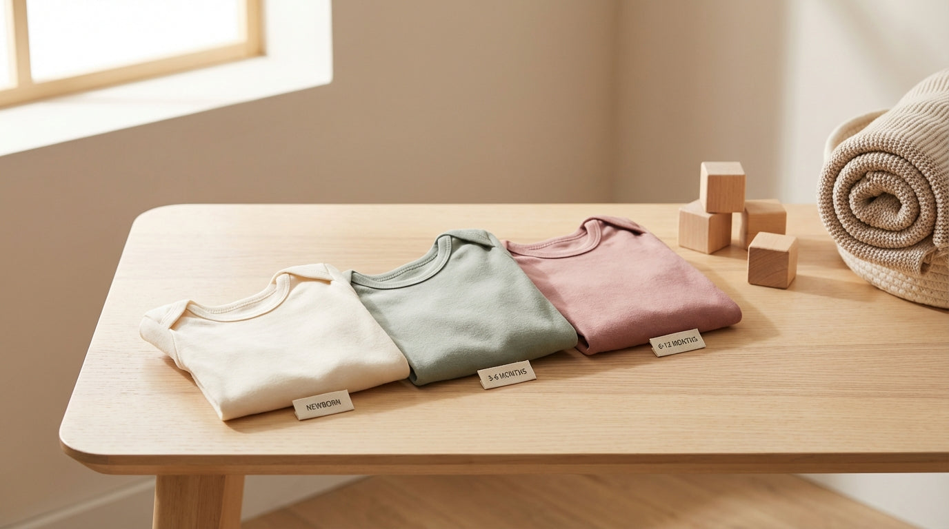 A pile of outgrown neutral baby clothes next to a wooden measuring tape