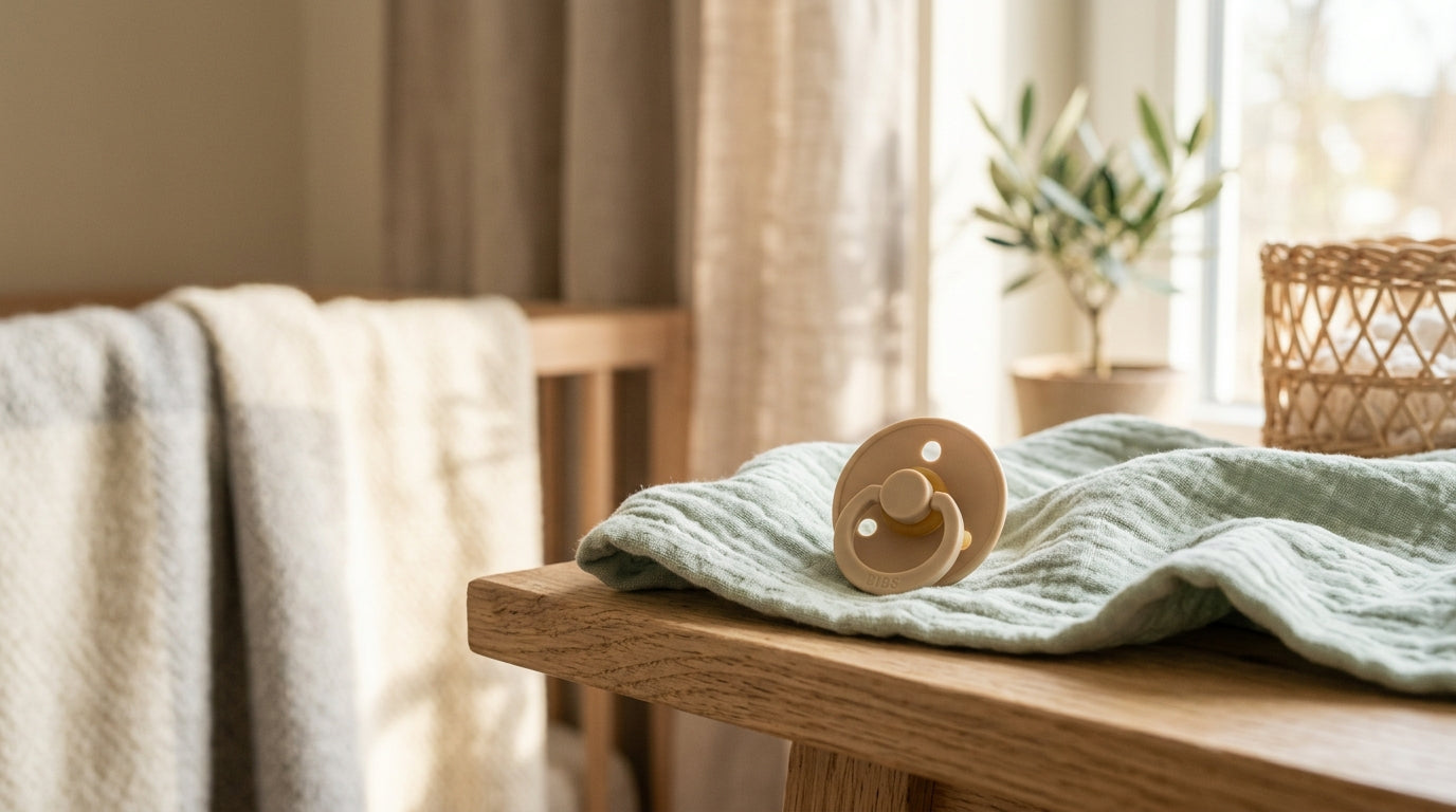 A tired mom holding a silicone binky while her infant sleeps in a crib