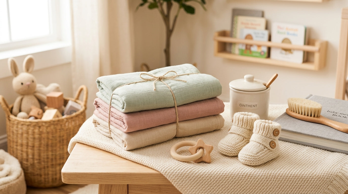 Priya sorting through a pile of useless baby shower party trinkets in her kitchen.