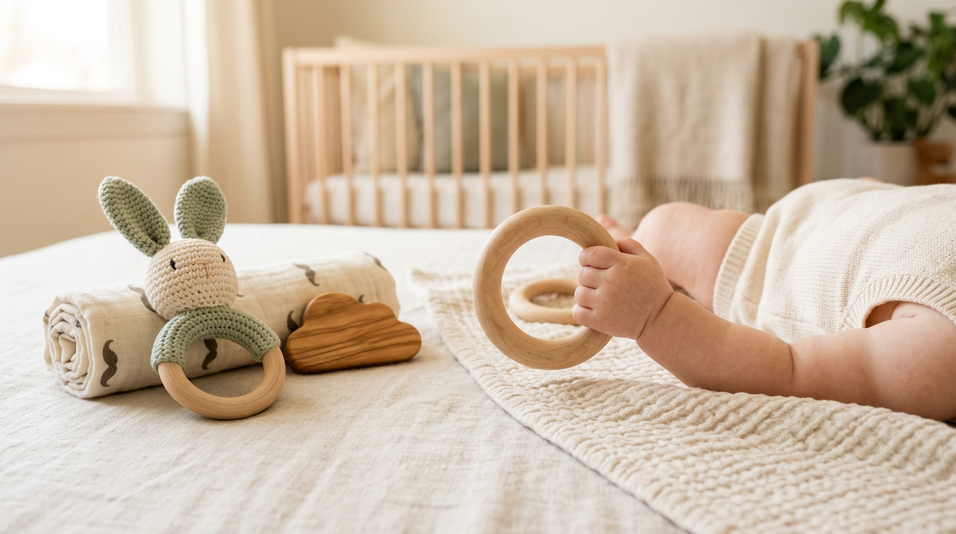 Wooden and silicone baby teethers scattered on a linen playmat