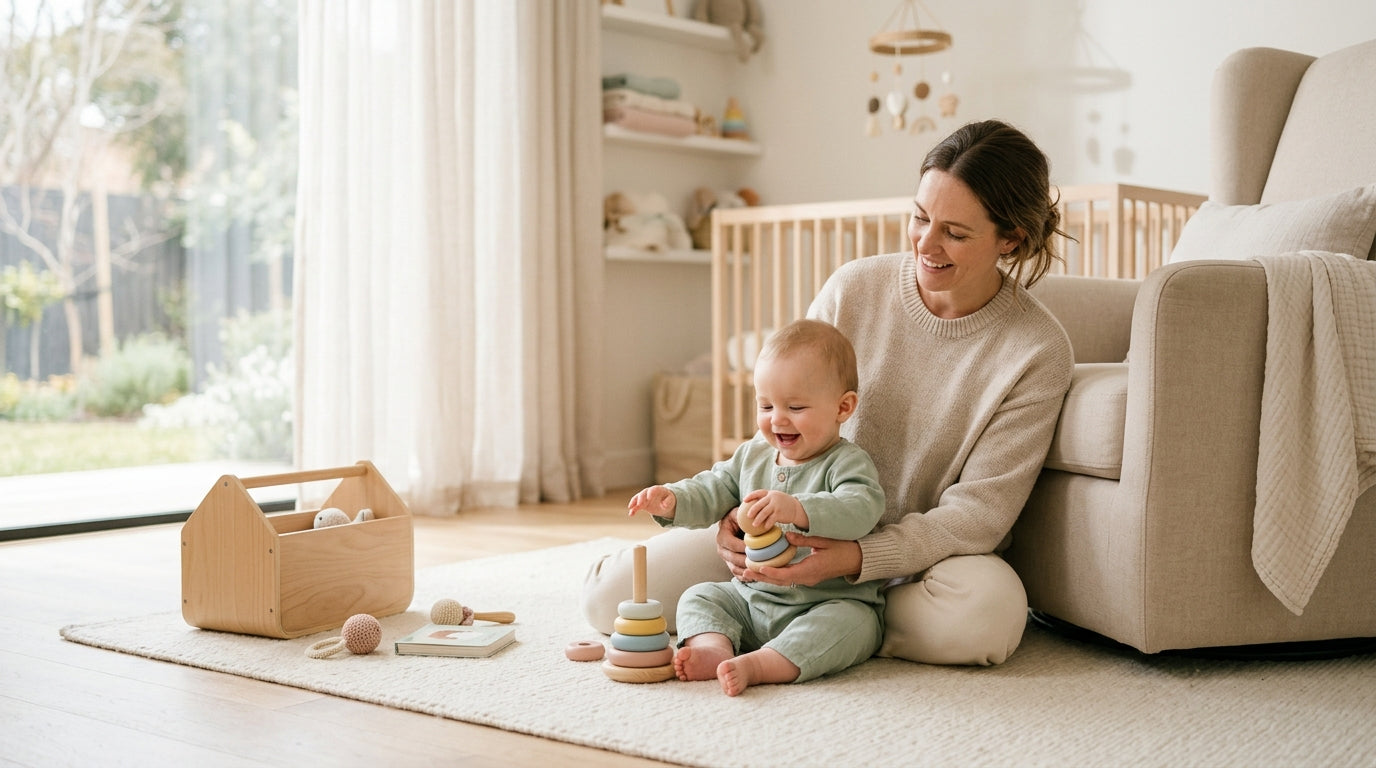 Mom laying on rug making funny faces at her four month old baby