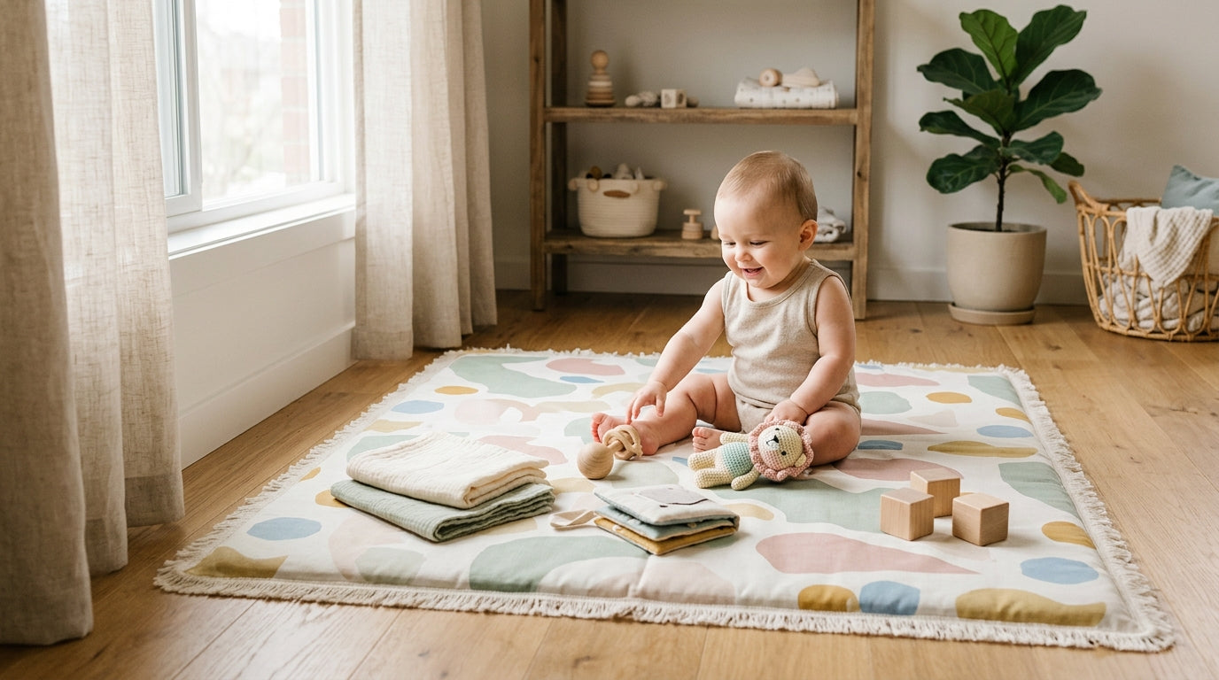 A tired mom holding a coffee cup while looking at a baby on a round play mat