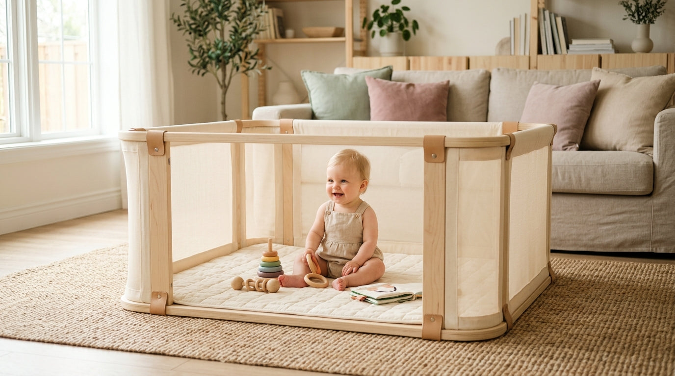 A mother looking tired next to a wooden baby play enclosure