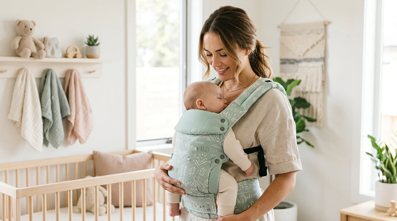 A tired mom wearing a baby in a floral pattern soft structured carrier.