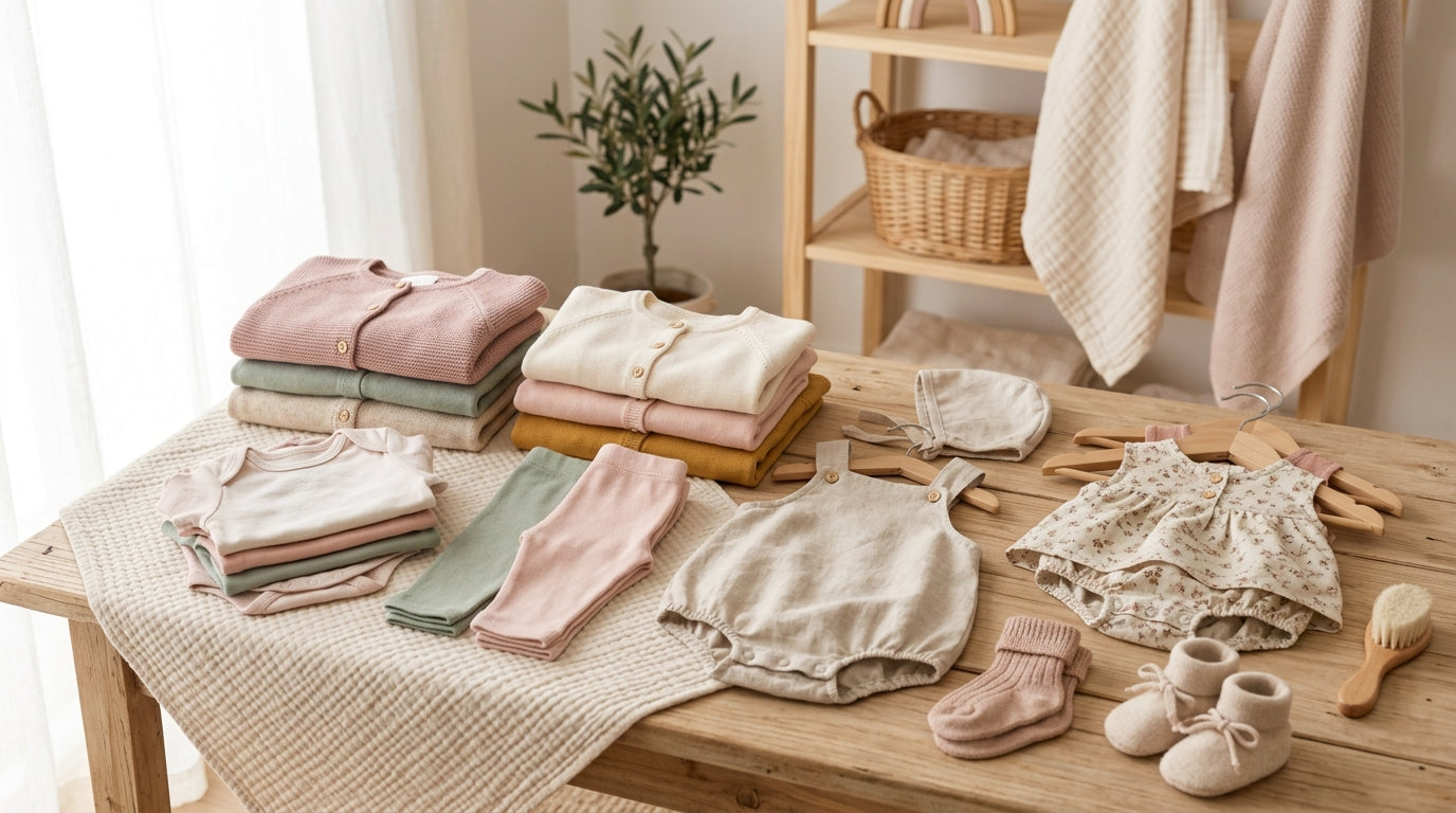 A realistic pile of mostly clean baby girl clothes on a nursery floor
