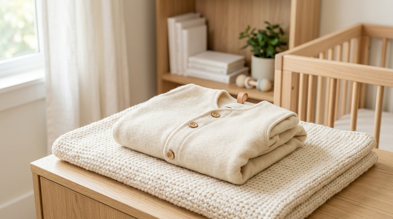 Tired mom holding a baby wearing a cozy wool sleep sack in a nursery
