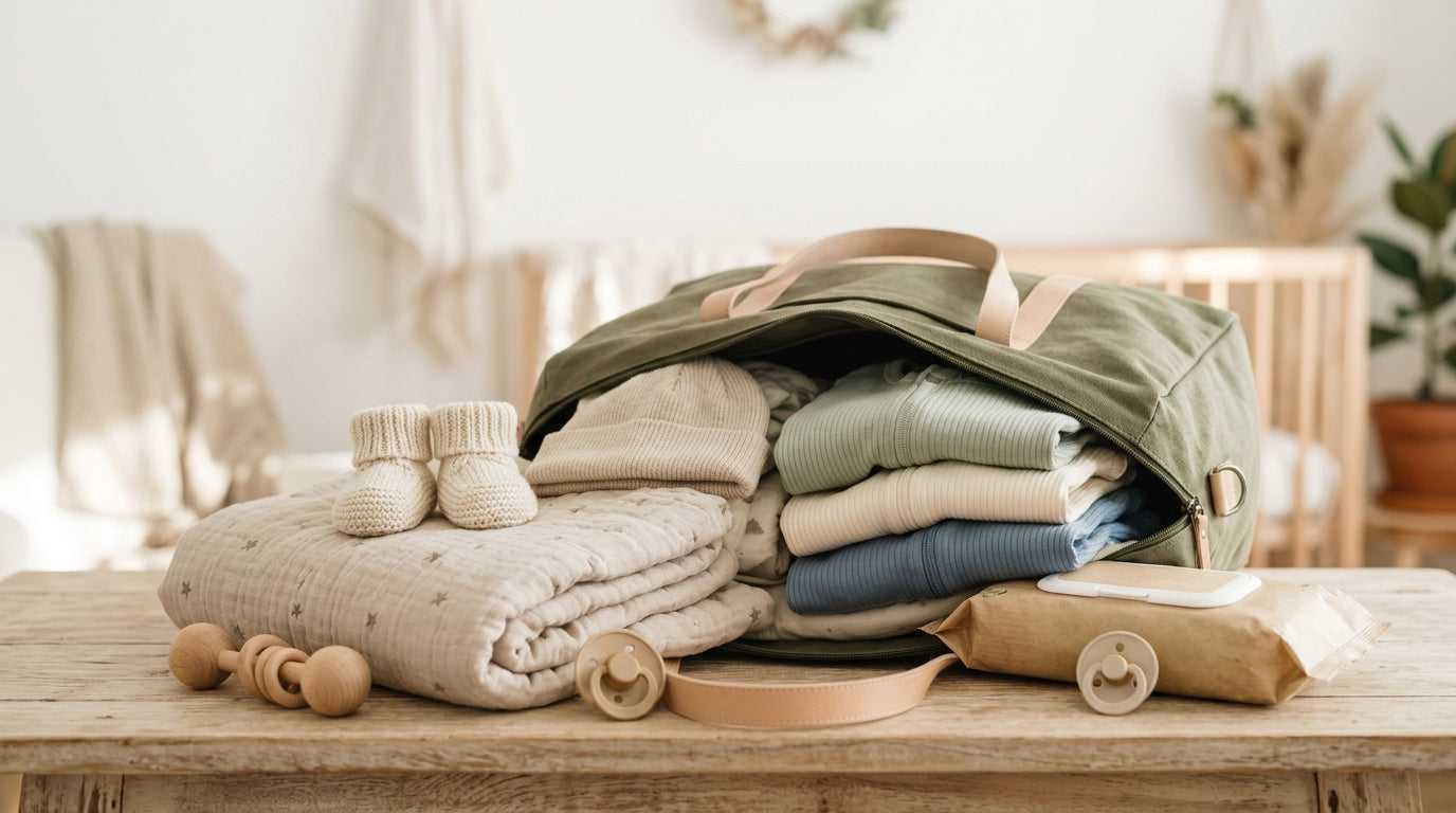 A dad looking stressed while trying to zip a severely overstuffed duffel bag full of baby items.