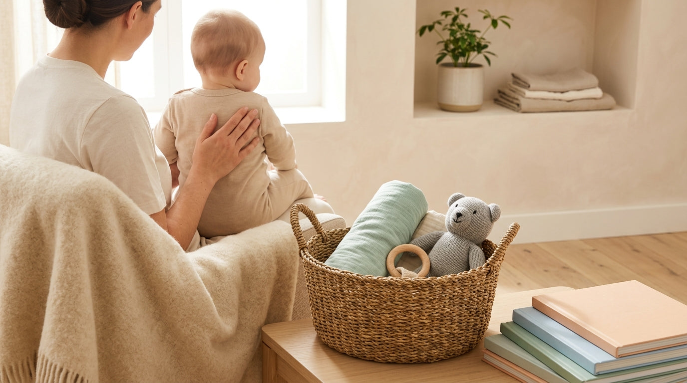 Sarah holding a cold coffee mug while rocking a screaming newborn