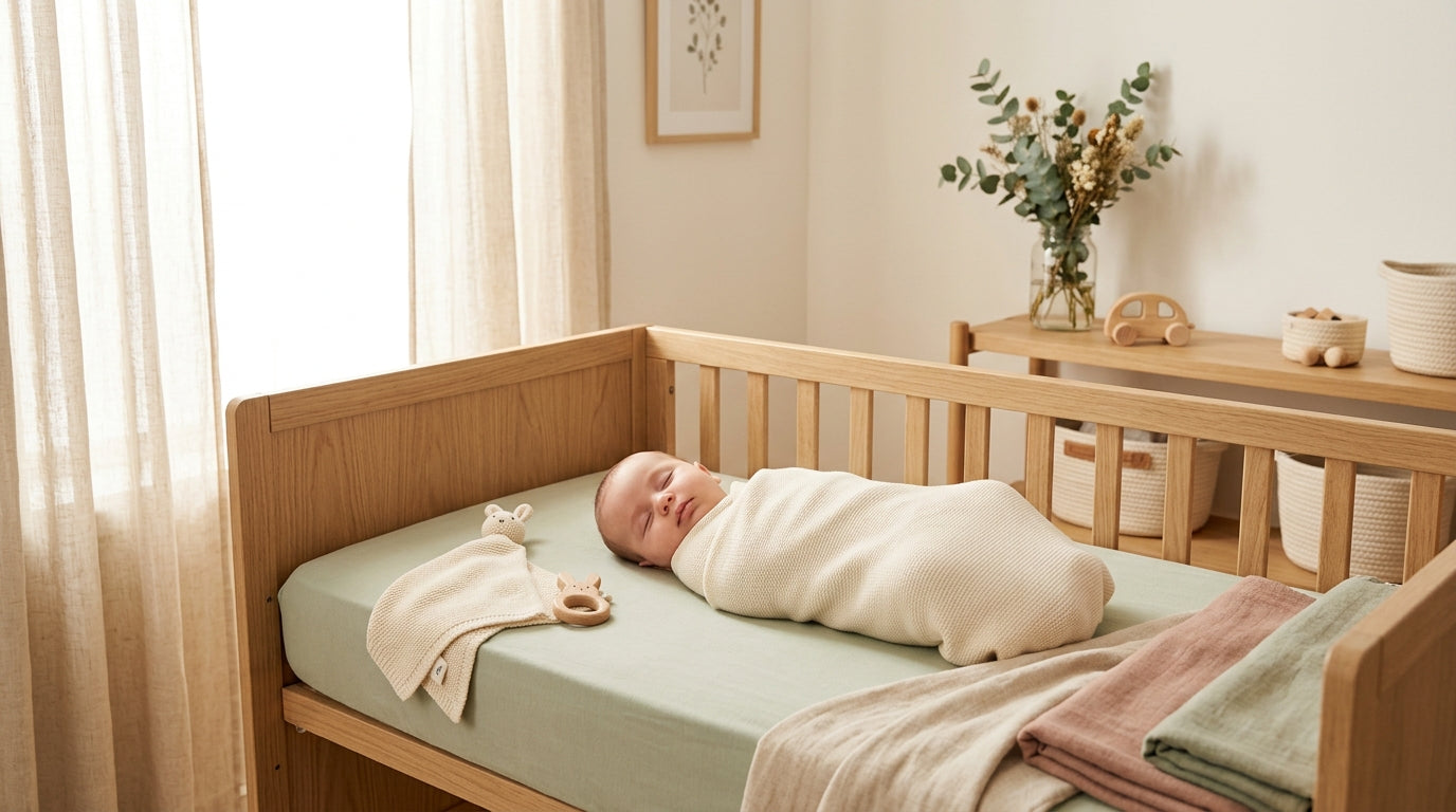 Exhausted mom folding tiny baby clothes while a newborn sleeps in a bassinet