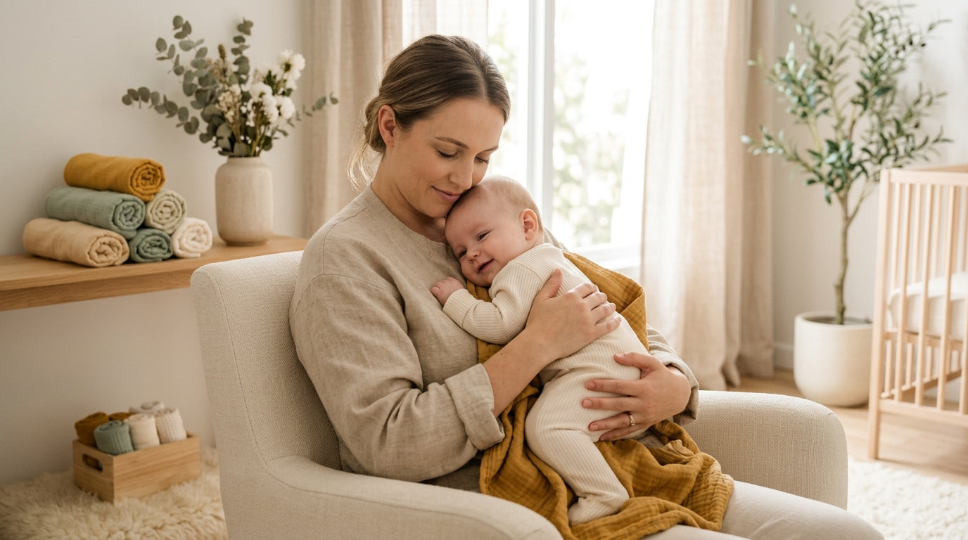 Frustrated mom holding a red-faced straining baby while trying to help them poop.