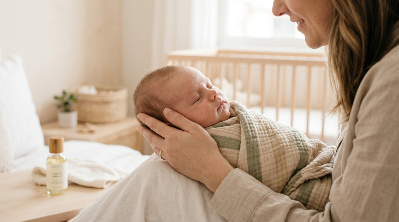 Newborn baby with mild cheek breakouts resting on a soft organic blanket