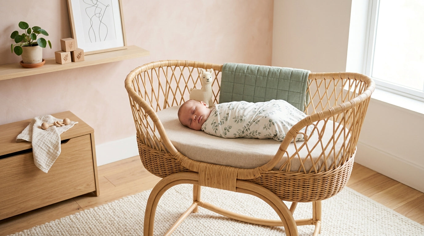 Exhausted mom in a messy bedroom staring at a baby waking up in a small bedside bassinet.