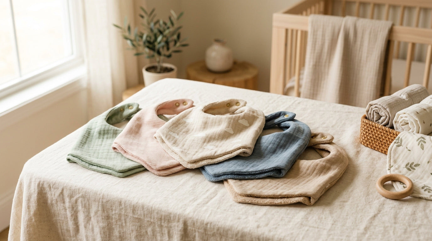 A pile of stained newborn bibs sitting next to a half-empty coffee cup on a messy kitchen table.