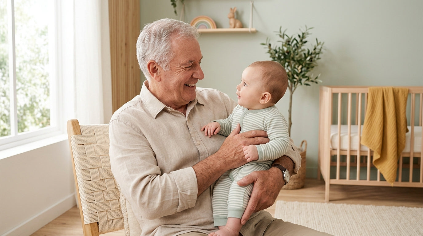 Grandparent holding baby playing with wooden gym