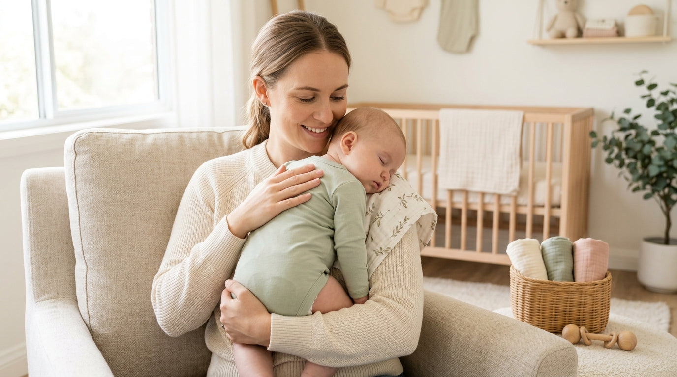 Exhausted mom holding a fussy newborn over her shoulder while looking at a cold cup of coffee