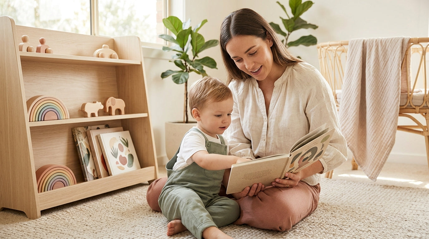 Exhausted mom drinking coffee while a toddler points at a pregnant belly