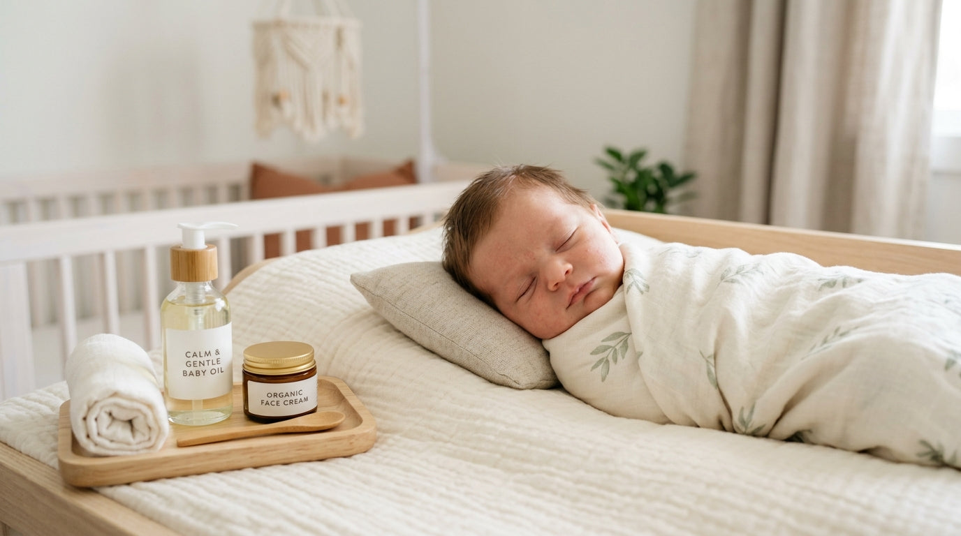 A tired dad staring at a newborn baby with tiny red spots on their cheeks