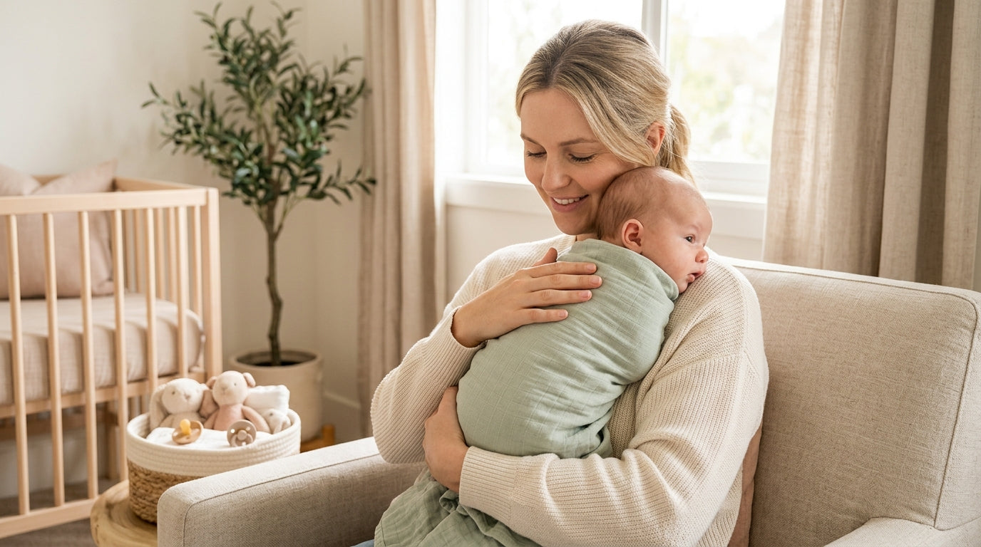 Exhausted mom holding a hiccuping newborn baby in a dark nursery