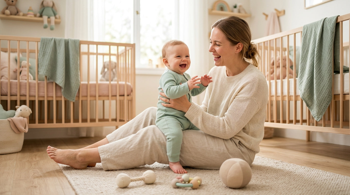 A tired mom drinking coffee while her little baby giggles on a wooden floor mat