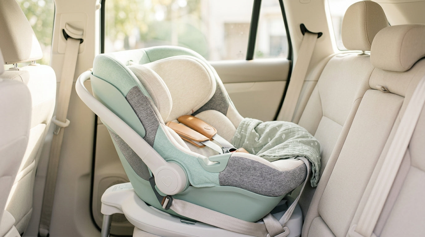 Toddler buckled into a car seat looking out a rolled-up car window