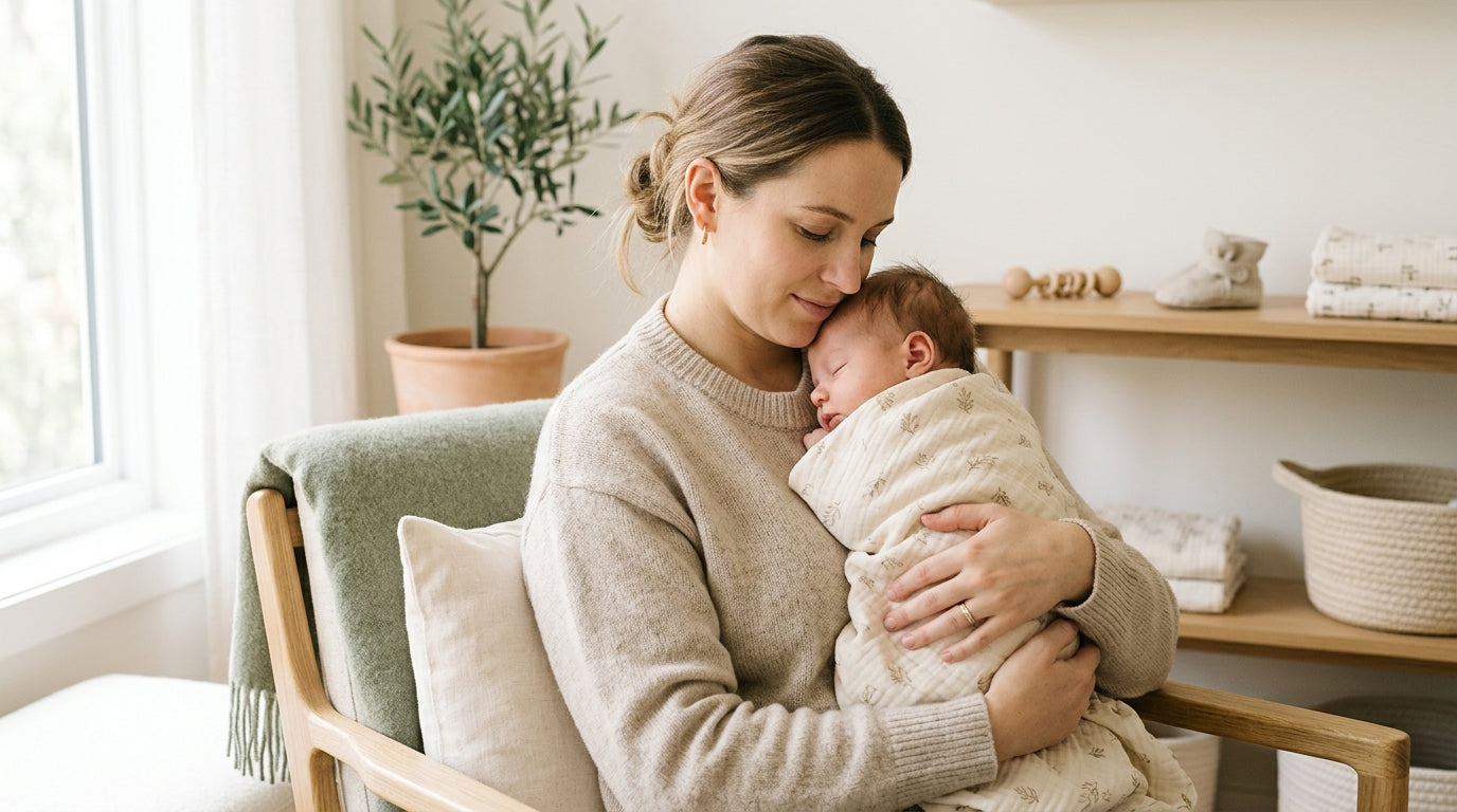 Tired mother holding her baby in a soft fabric wrap carrier