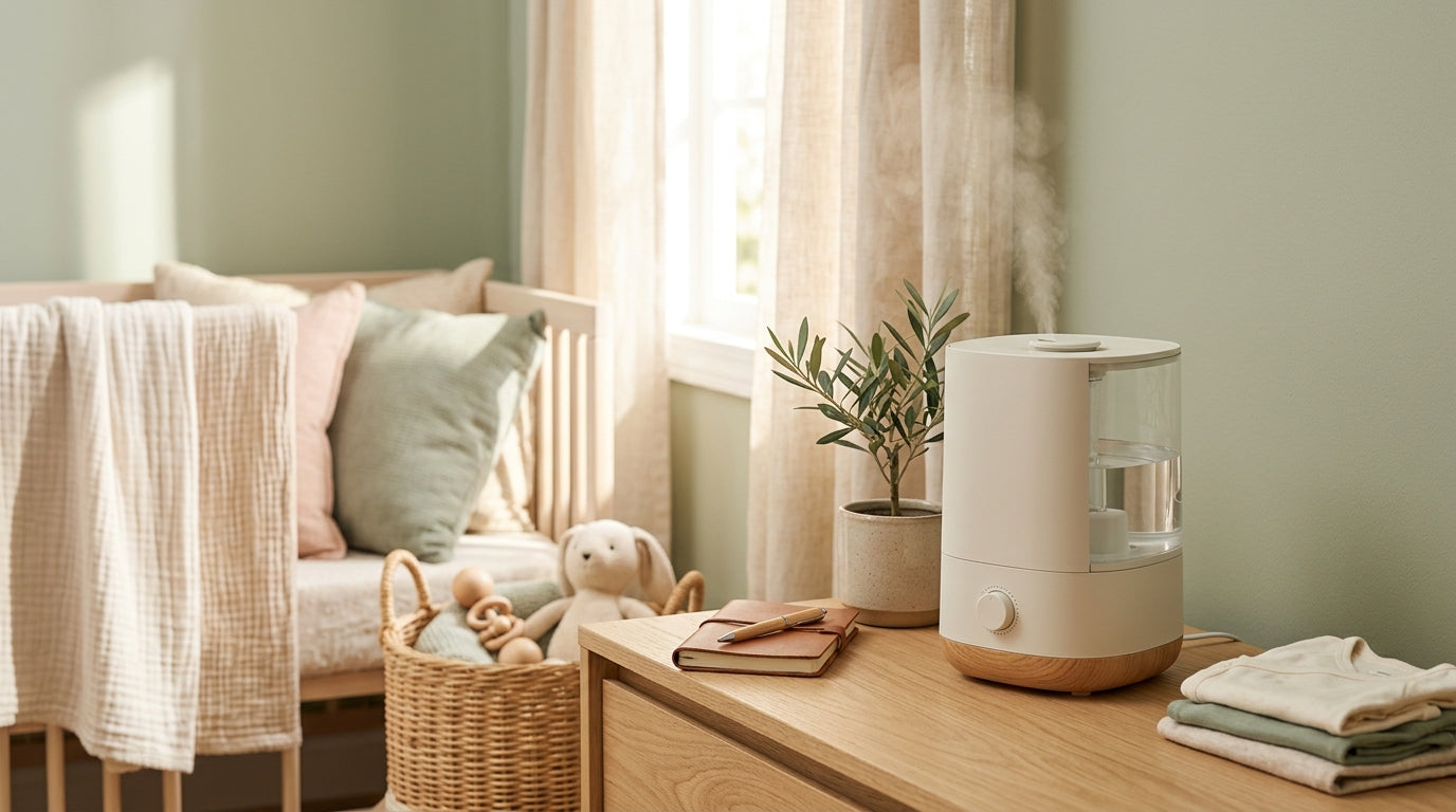 Tired mom holding a baby in a nursery with a cool mist humidifier running nearby