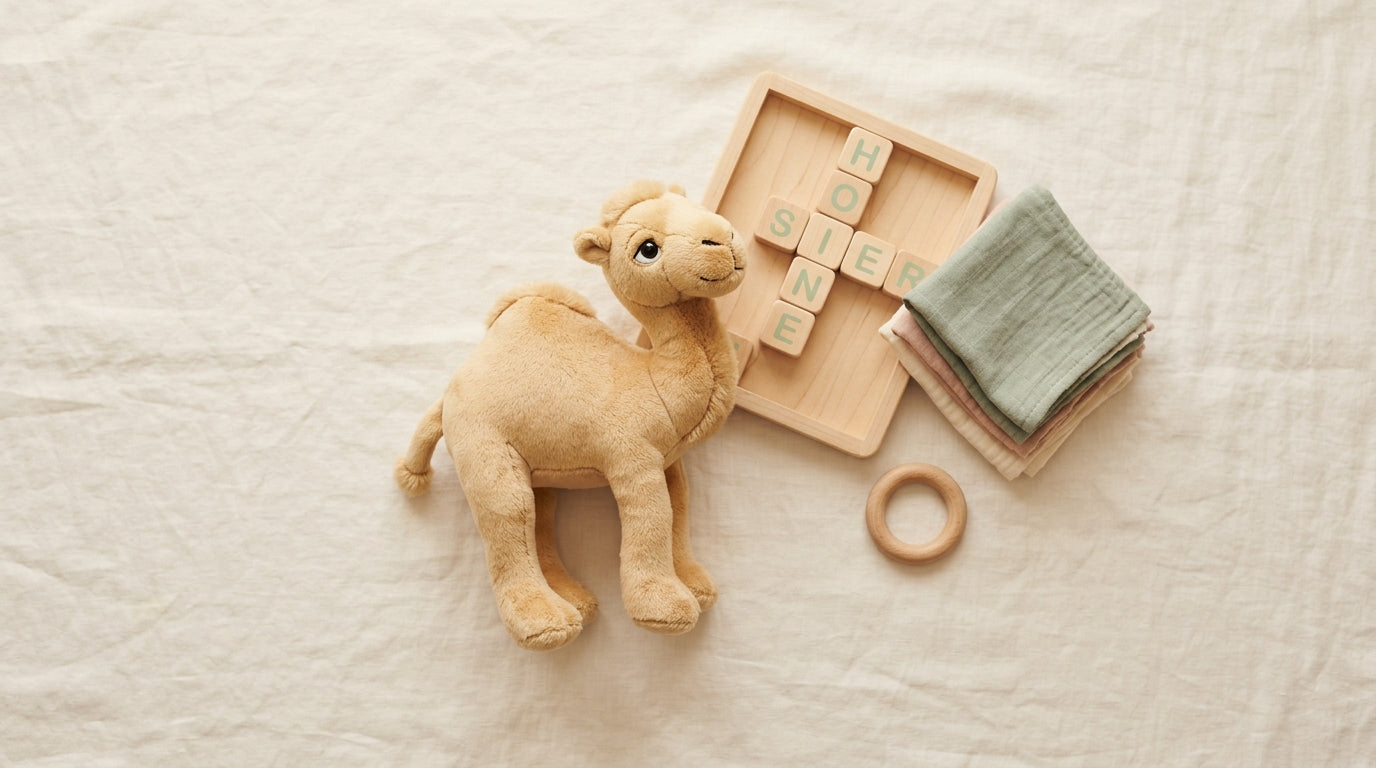 A safe organic cotton baby toy sitting next to a newspaper crossword puzzle on a rustic wooden table.