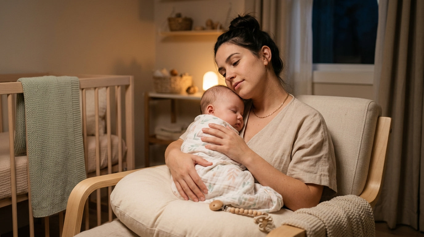 Tired mom bouncing a crying newborn baby in a dark nursery at night