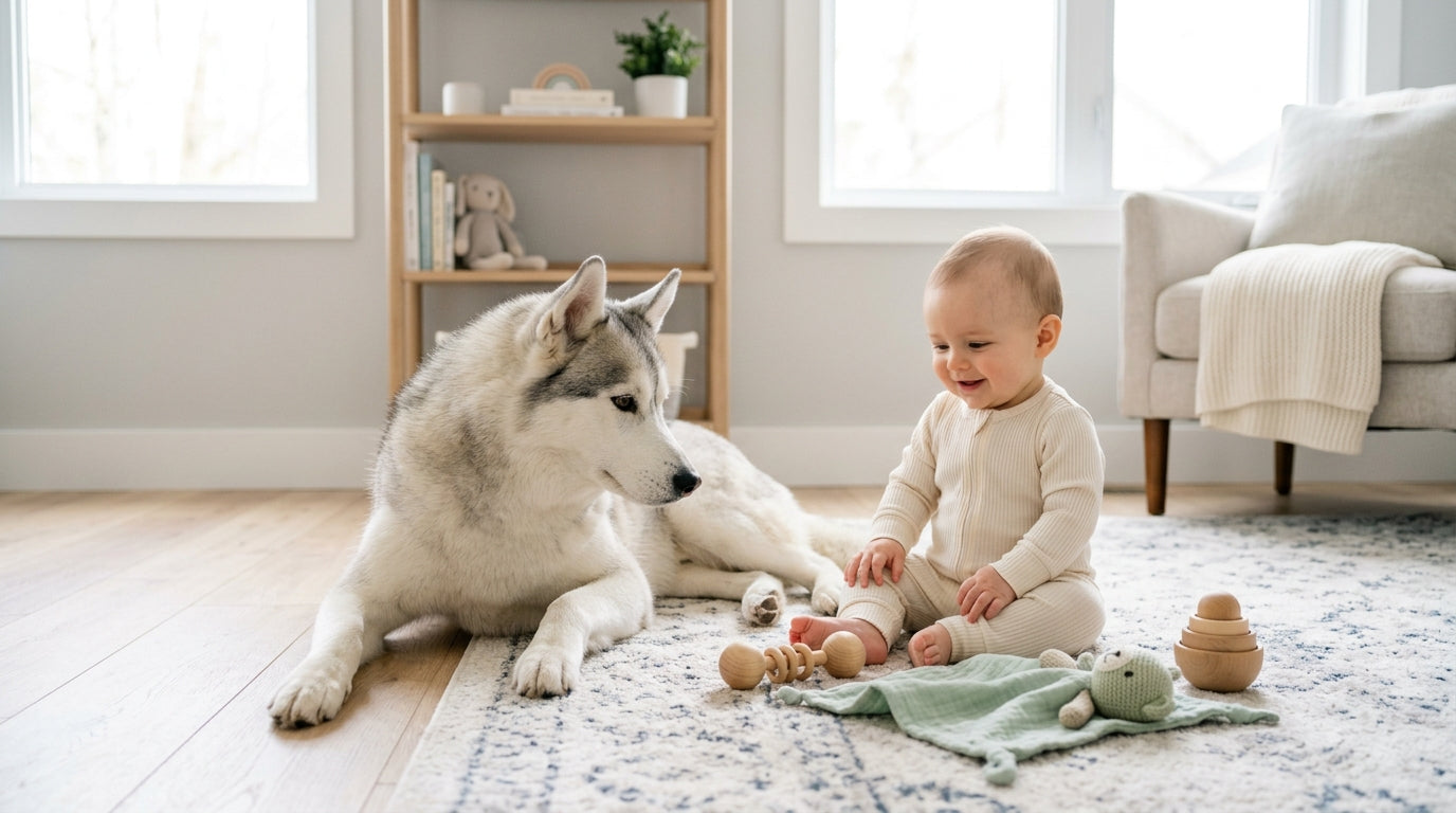 A stressed dad watching a husky dog sniff around a baby playpen in a living room