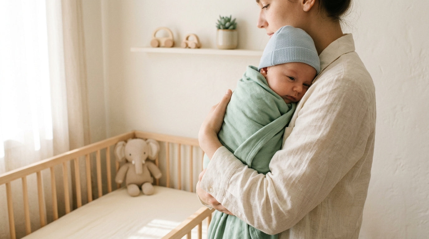 Mom holding a baby with a visible VP shunt behind their ear