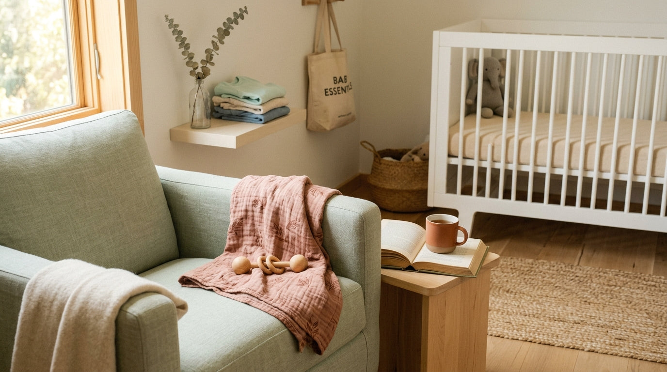 Exhausted mom singing into a wooden spoon while a toddler pulls her leg.