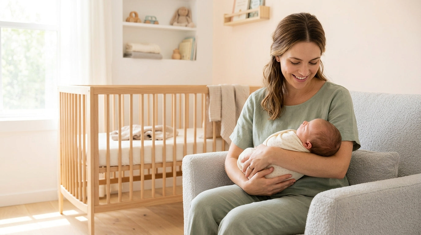 A tired but smiling solo parent holding a baby while drinking coffee