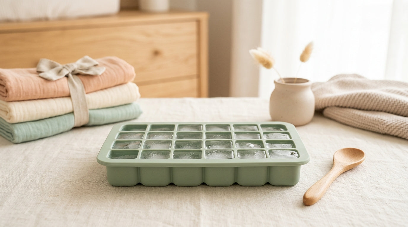 A frustrated toddler chewing on a safe silicone teether instead of a dangerous ice cube.