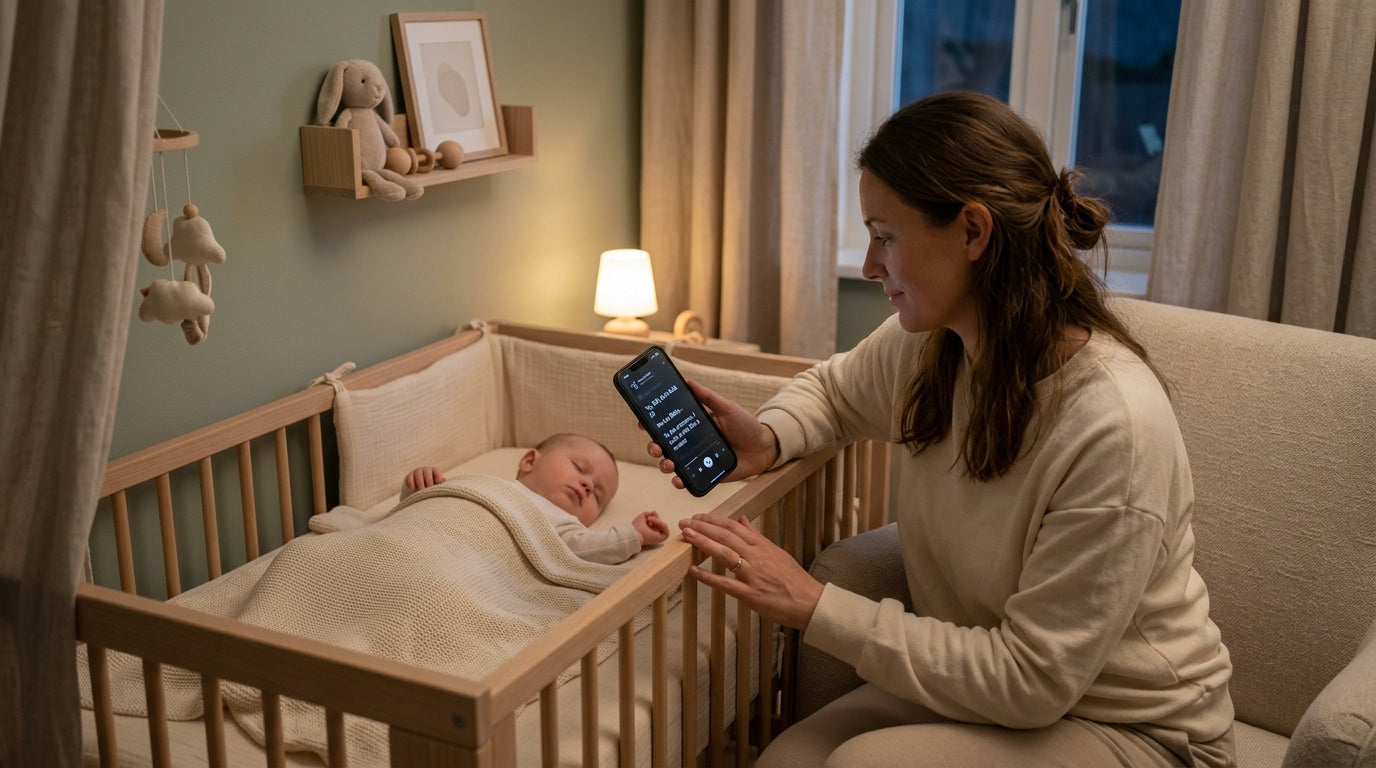 Tired mom holding a crying newborn in a dark nursery