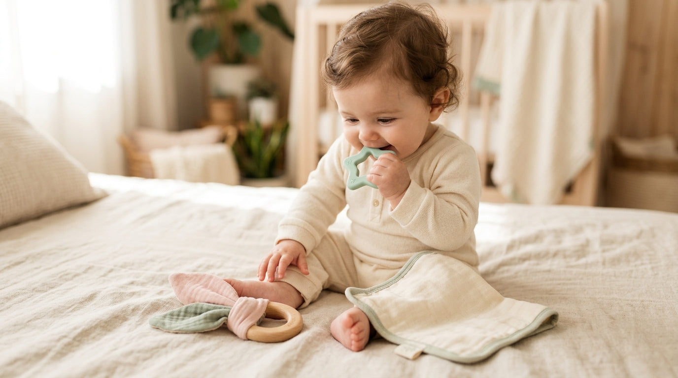 Mom holding a silicone baby teether instead of a dangerous ice cube