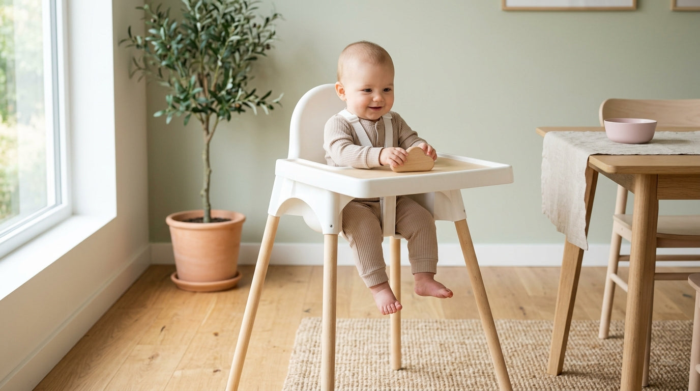 Baby sitting in an ikea baby chair covered in messy pasta sauce
