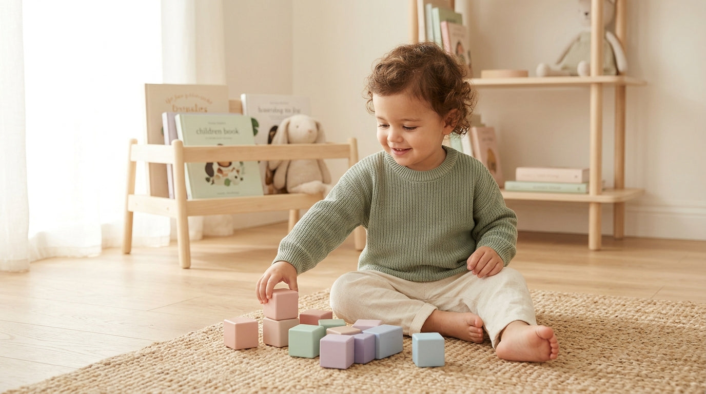 A dad looking panicked at his smart phone while a baby plays on a wooden gym.