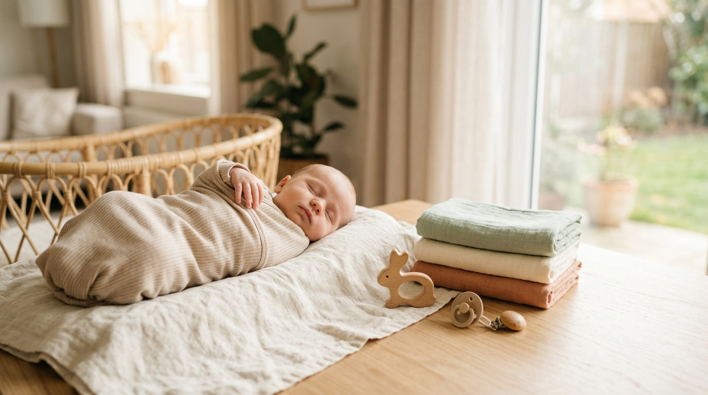 A tired mother looking at a glowing smartphone while a toddler sits nearby